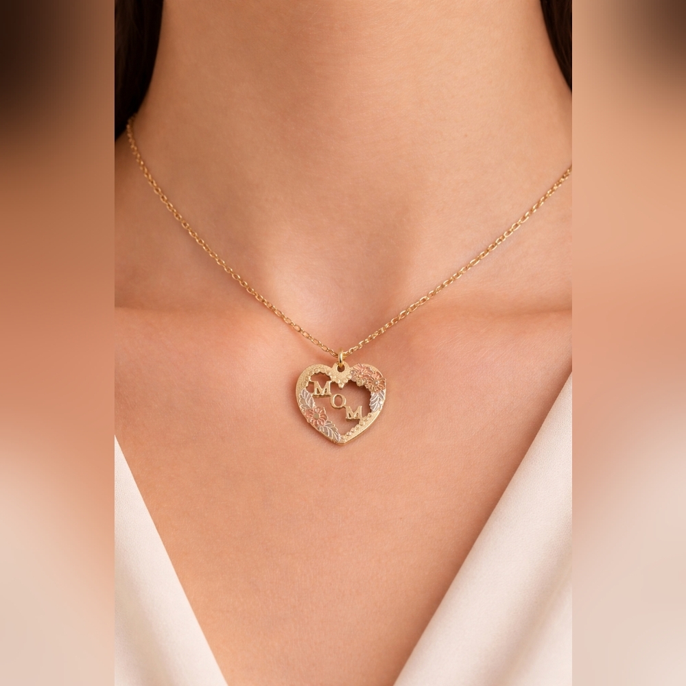 14k Gold Filled Mom Heart Pendant 18” Rope Chain Necklace Tri-Tone Vintage PPC